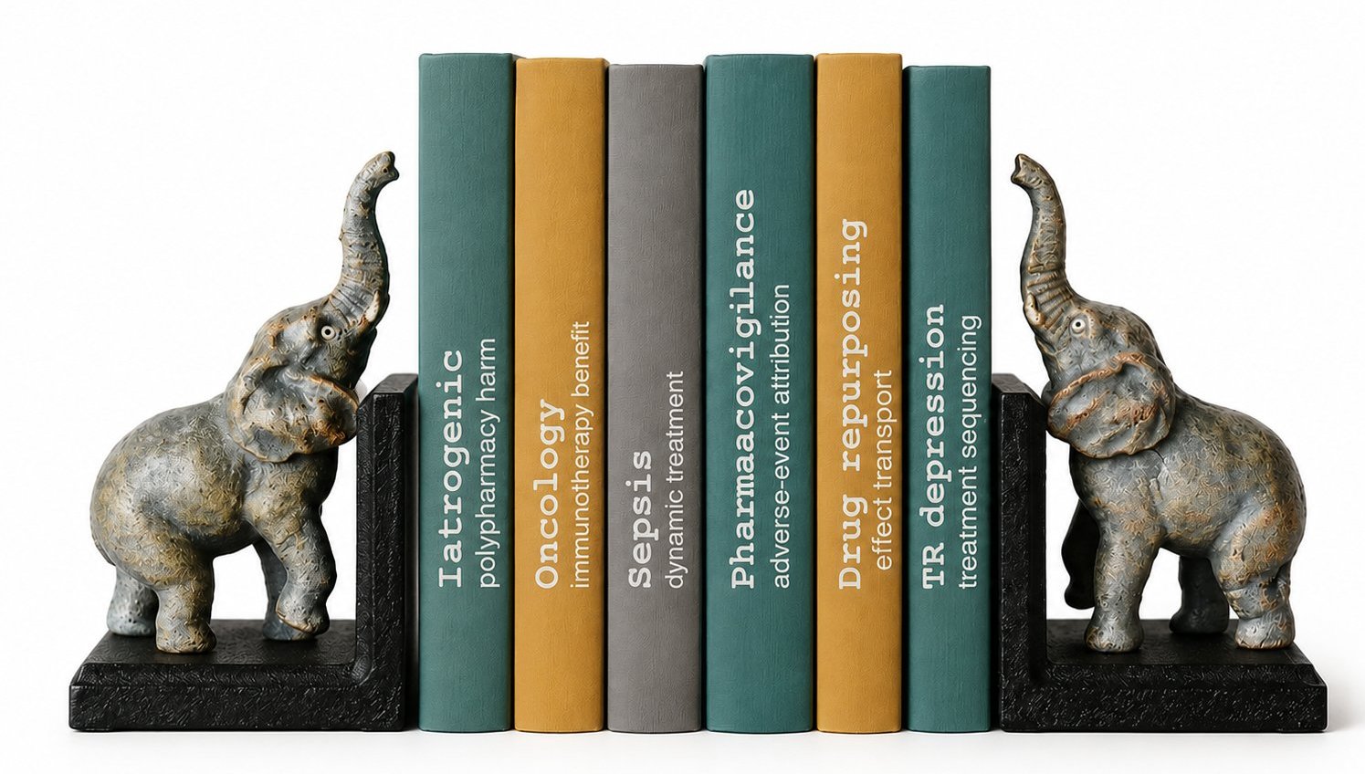 The healthcare causal-model library as a shelf of six labelled book spines held between two elephant bookends: Iatrogenic (polypharmacy harm), Oncology (immunotherapy benefit), Sepsis (dynamic treatment), Pharmacovigilance (adverse-event attribution), Drug repurposing (effect transport), and TR depression (treatment sequencing).